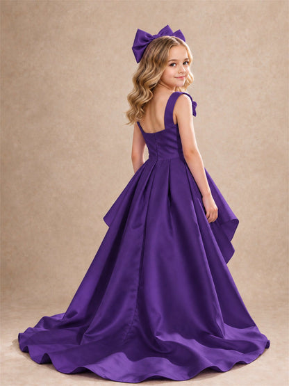 Satin Flower Girl Dress Square Neck Shoulder Bows High Low Ruffled Wedding Pageant Gown
