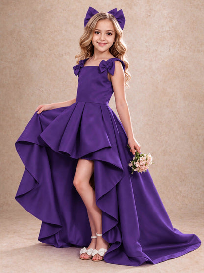 Satin Flower Girl Dress Square Neck Shoulder Bows High Low Ruffled Wedding Pageant Gown