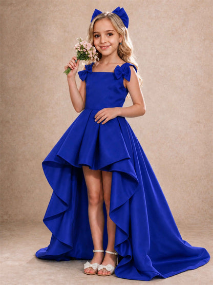 Satin Flower Girl Dress Square Neck Shoulder Bows High Low Ruffled Wedding Pageant Gown