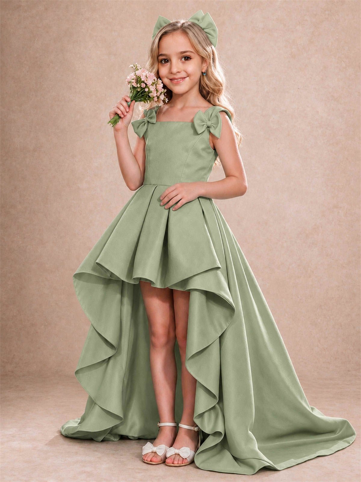 Satin Flower Girl Dress Square Neck Shoulder Bows High Low Ruffled Wedding Pageant Gown