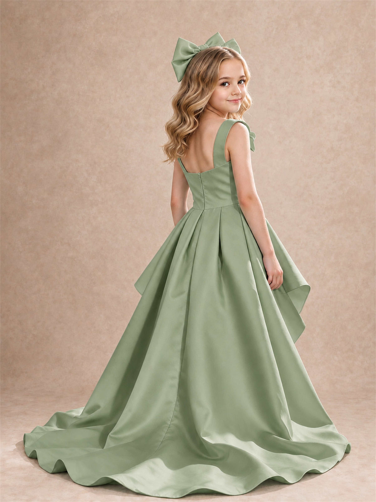 Satin Flower Girl Dress Square Neck Shoulder Bows High Low Ruffled Wedding Pageant Gown