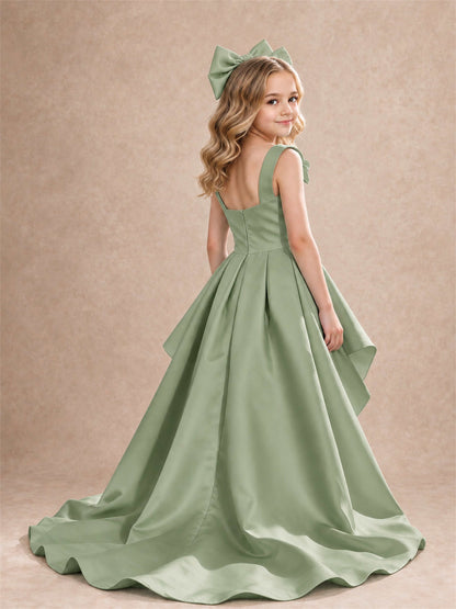 Satin Flower Girl Dress Square Neck Shoulder Bows High Low Ruffled Wedding Pageant Gown