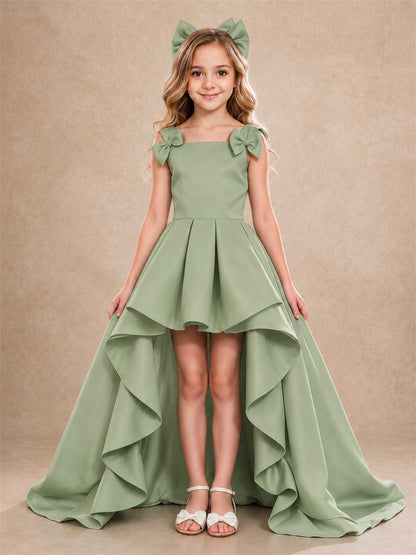 Satin Flower Girl Dress Square Neck Shoulder Bows High Low Ruffled Wedding Pageant Gown