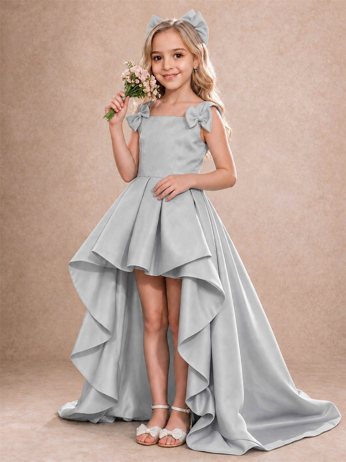 Satin Flower Girl Dress Square Neck Shoulder Bows High Low Ruffled Wedding Pageant Gown