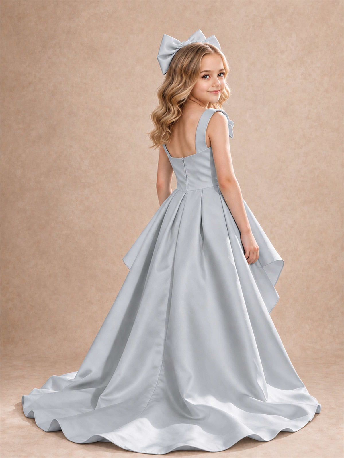 Satin Flower Girl Dress Square Neck Shoulder Bows High Low Ruffled Wedding Pageant Gown