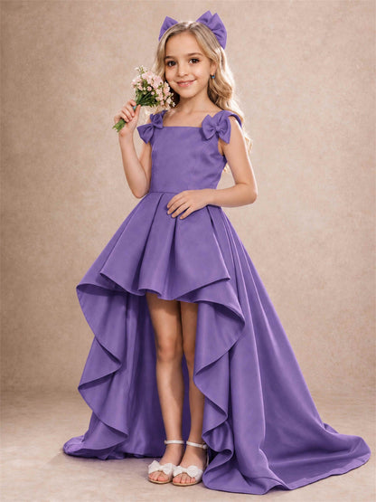 Satin Flower Girl Dress Square Neck Shoulder Bows High Low Ruffled Wedding Pageant Gown