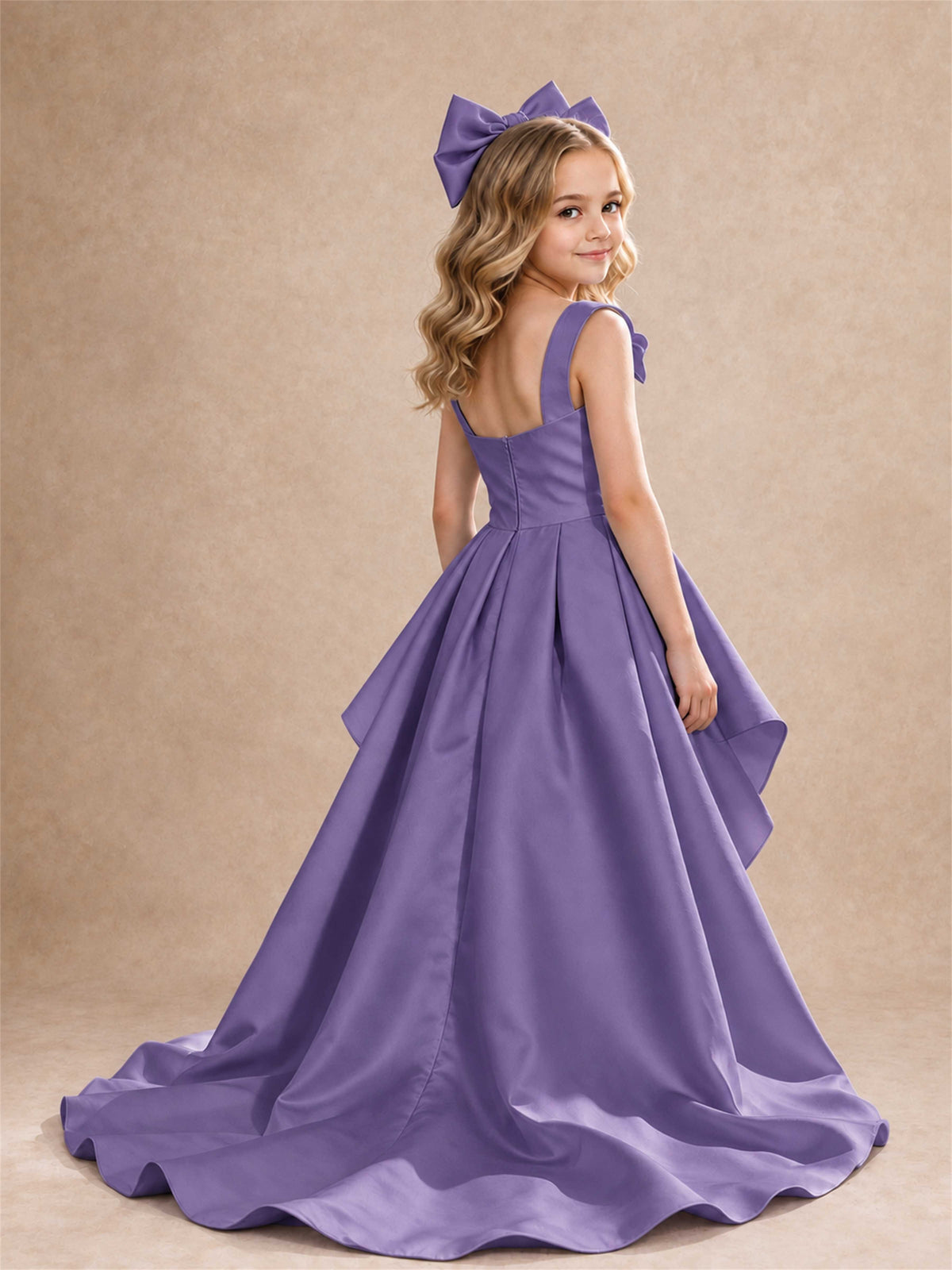 Satin Flower Girl Dress Square Neck Shoulder Bows High Low Ruffled Wedding Pageant Gown