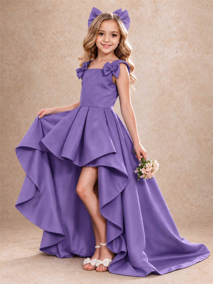 Satin Flower Girl Dress Square Neck Shoulder Bows High Low Ruffled Wedding Pageant Gown
