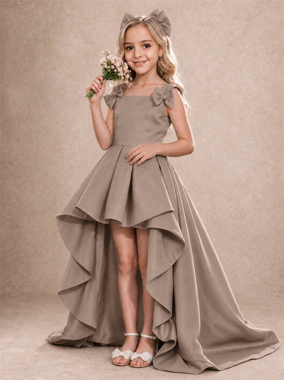 Satin Flower Girl Dress Square Neck Shoulder Bows High Low Ruffled Wedding Pageant Gown