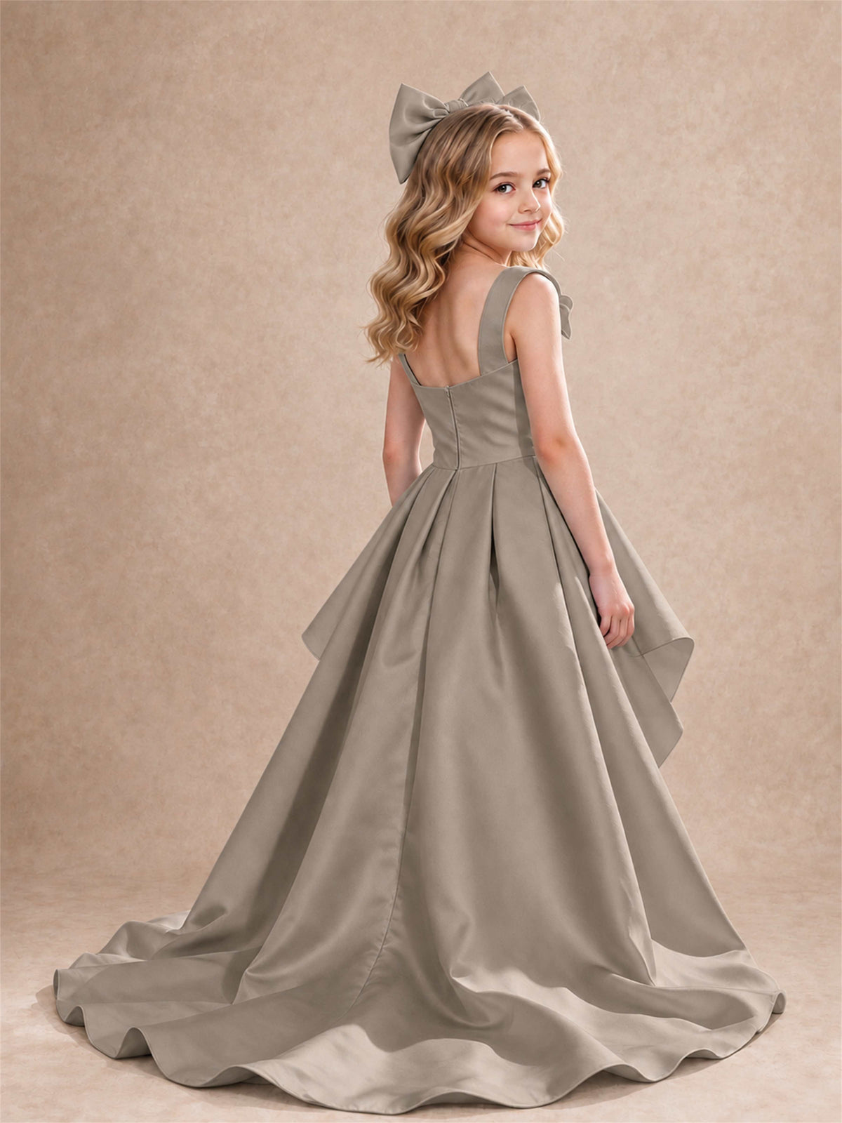 Satin Flower Girl Dress Square Neck Shoulder Bows High Low Ruffled Wedding Pageant Gown