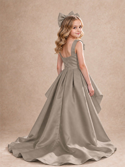 Satin Flower Girl Dress Square Neck Shoulder Bows High Low Ruffled Wedding Pageant Gown