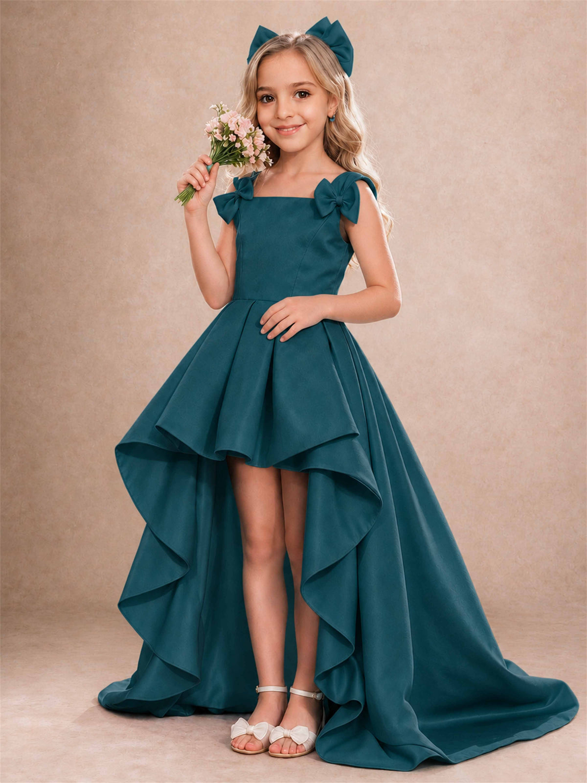 Satin Flower Girl Dress Square Neck Shoulder Bows High Low Ruffled Wedding Pageant Gown