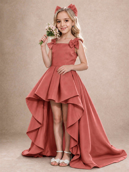 Satin Flower Girl Dress Square Neck Shoulder Bows High Low Ruffled Wedding Pageant Gown