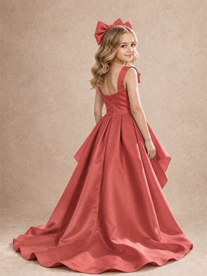Satin Flower Girl Dress Square Neck Shoulder Bows High Low Ruffled Wedding Pageant Gown