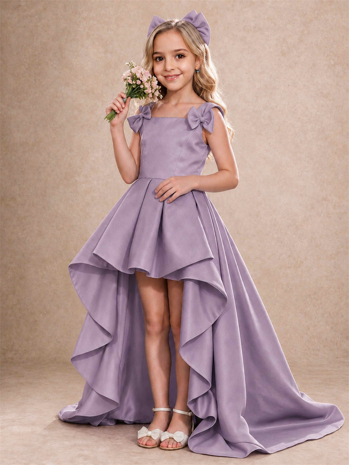 Satin Flower Girl Dress Square Neck Shoulder Bows High Low Ruffled Wedding Pageant Gown