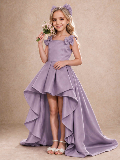 Satin Flower Girl Dress Square Neck Shoulder Bows High Low Ruffled Wedding Pageant Gown