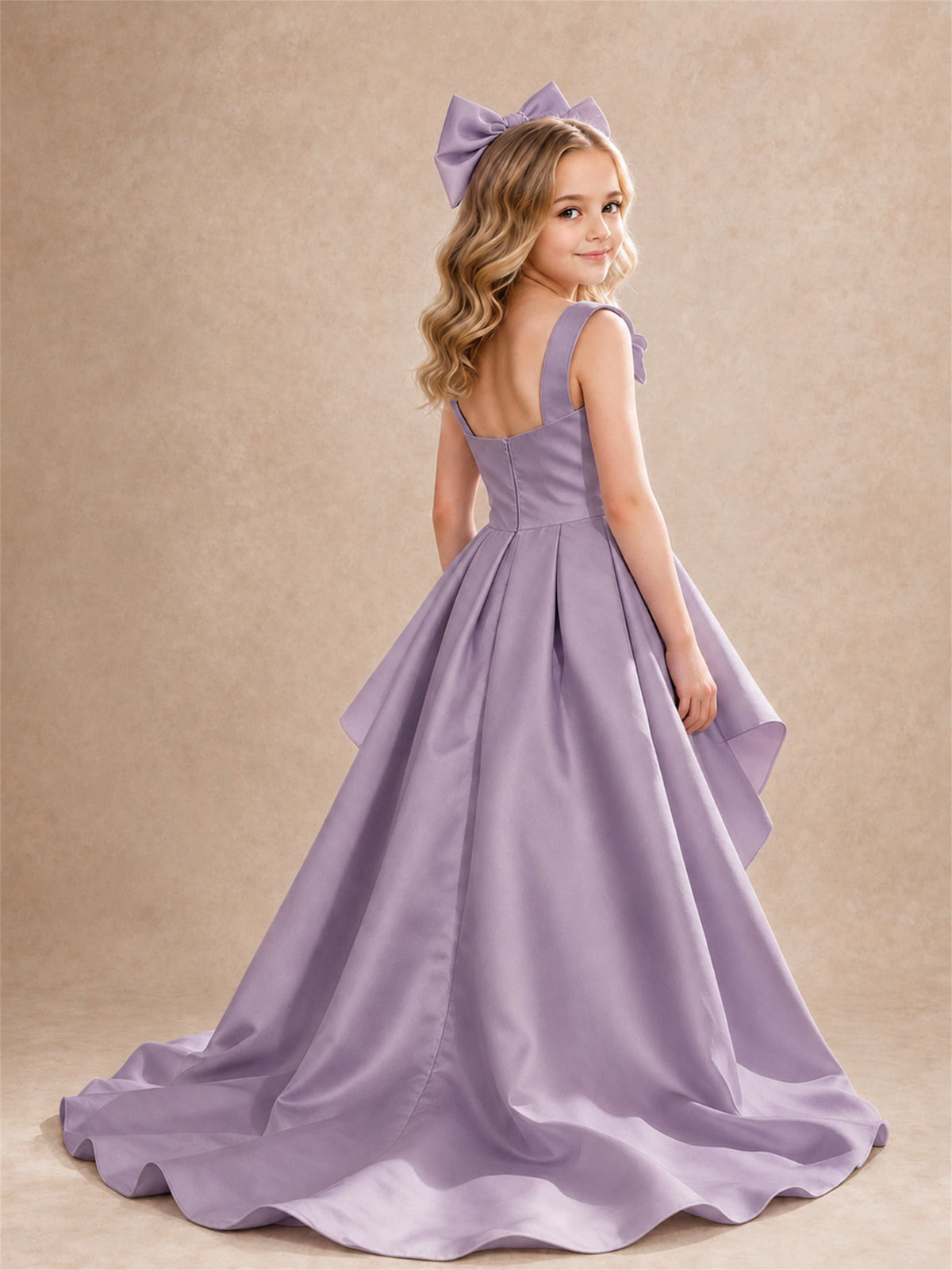 Satin Flower Girl Dress Square Neck Shoulder Bows High Low Ruffled Wedding Pageant Gown