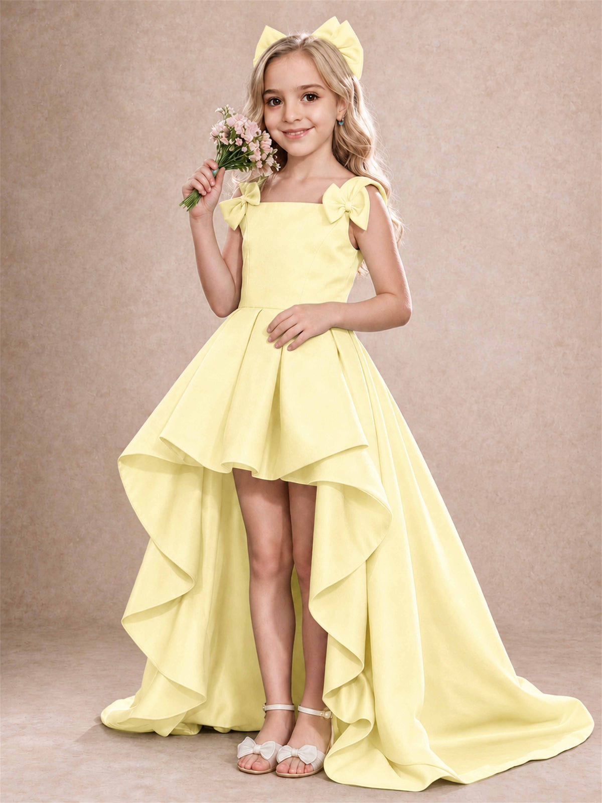 Satin Flower Girl Dress Square Neck Shoulder Bows High Low Ruffled Wedding Pageant Gown