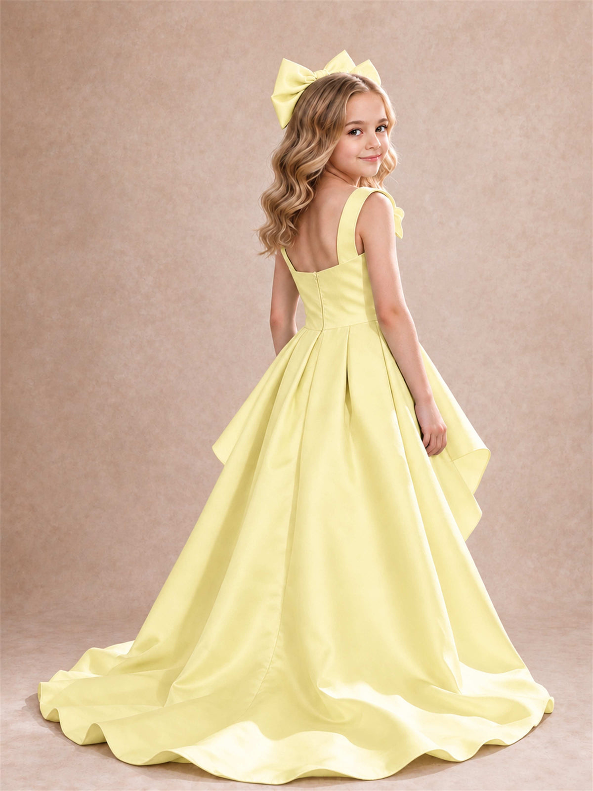 Satin Flower Girl Dress Square Neck Shoulder Bows High Low Ruffled Wedding Pageant Gown