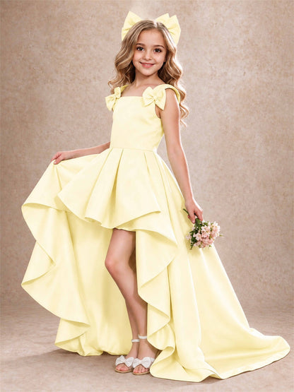 Satin Flower Girl Dress Square Neck Shoulder Bows High Low Ruffled Wedding Pageant Gown