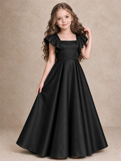 Satin Junior Bridesmaid Dress Ruffle Cap Sleeve Floor Length A Line Wedding Gown