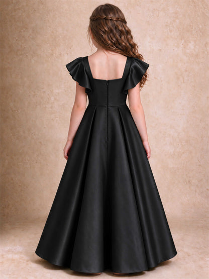 Satin Junior Bridesmaid Dress Ruffle Cap Sleeve Floor Length A Line Wedding Gown