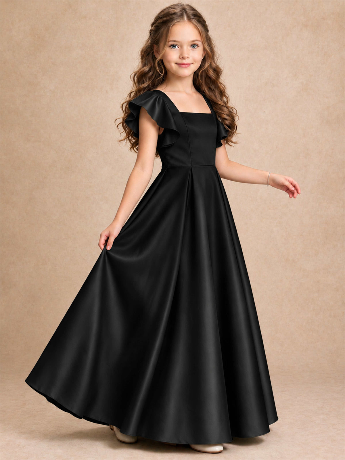 Satin Junior Bridesmaid Dress Ruffle Cap Sleeve Floor Length A Line Wedding Gown