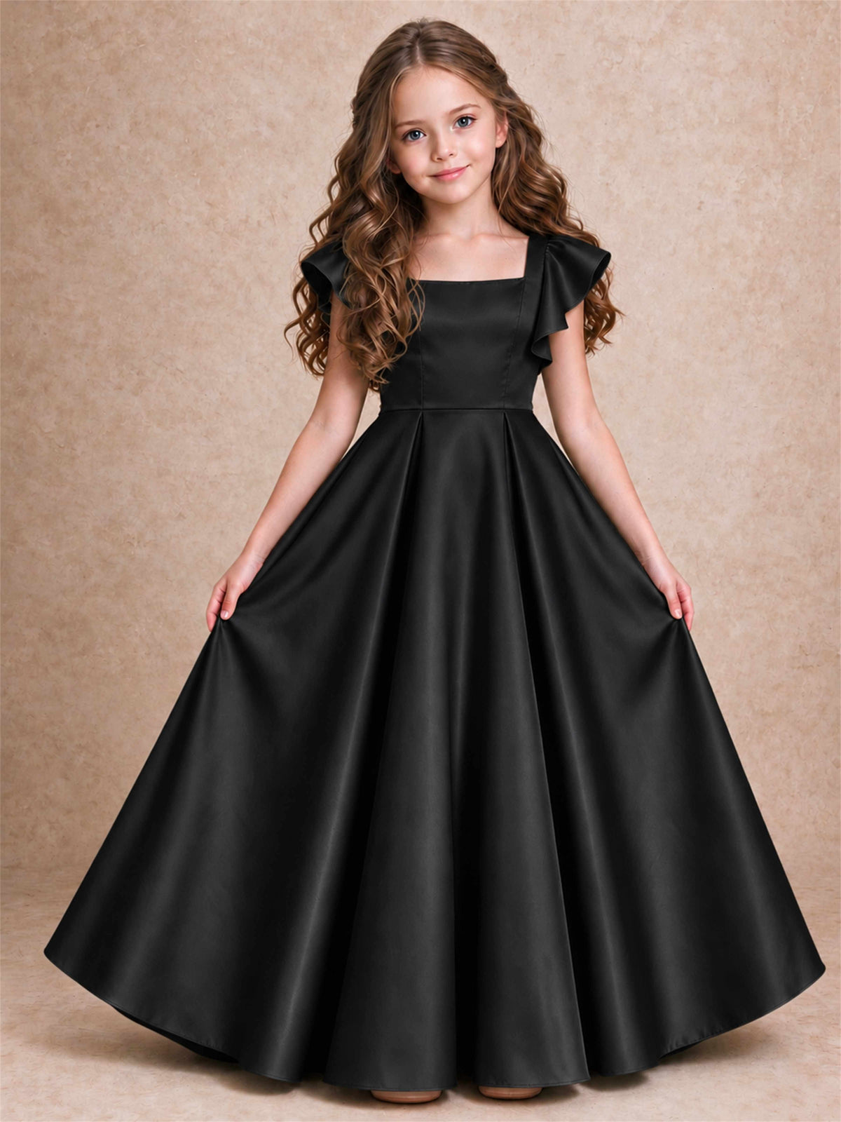 Satin Junior Bridesmaid Dress Ruffle Cap Sleeve Floor Length A Line Wedding Gown