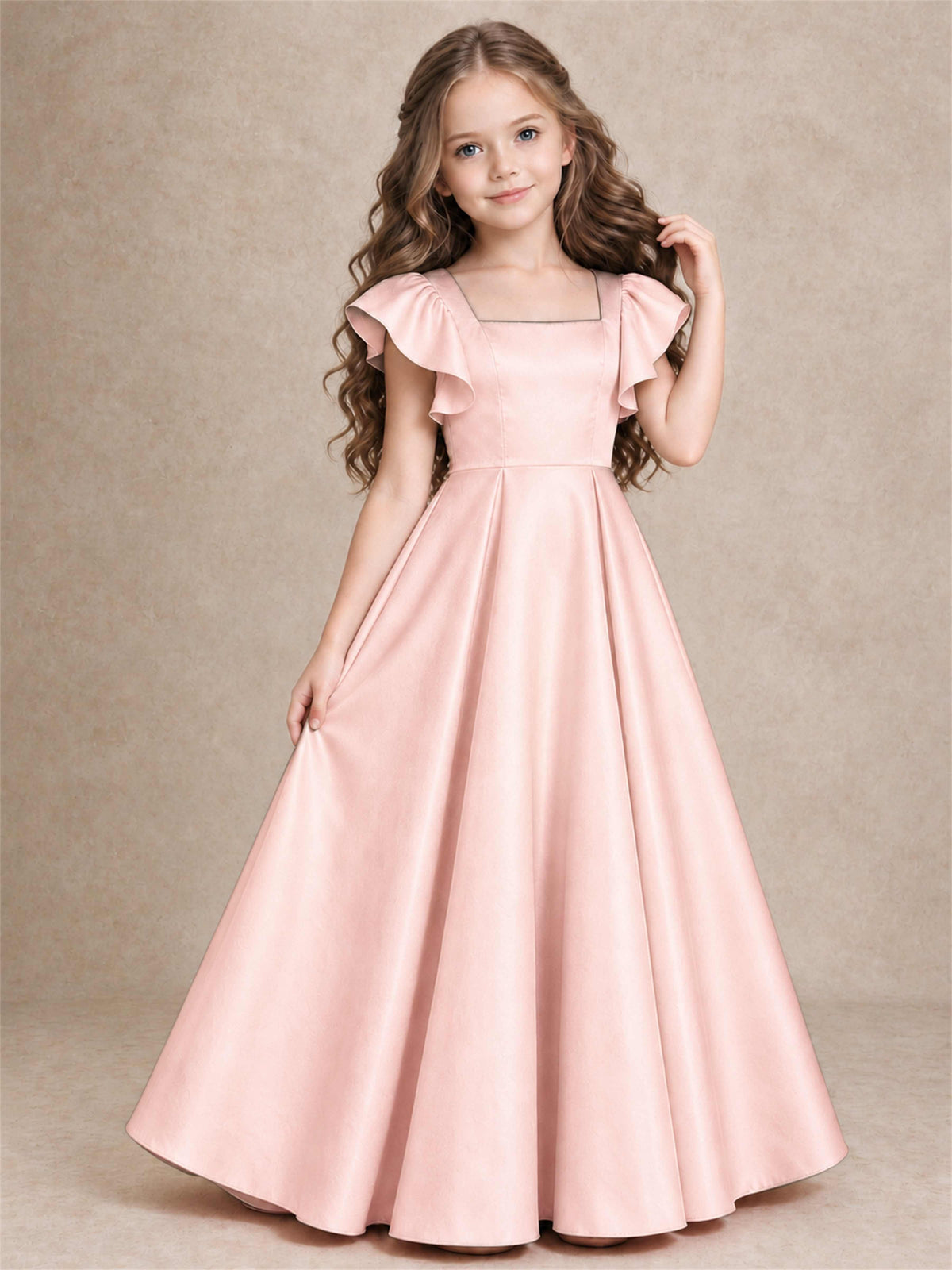 Satin Junior Bridesmaid Dress Ruffle Cap Sleeve Floor Length A Line Wedding Gown