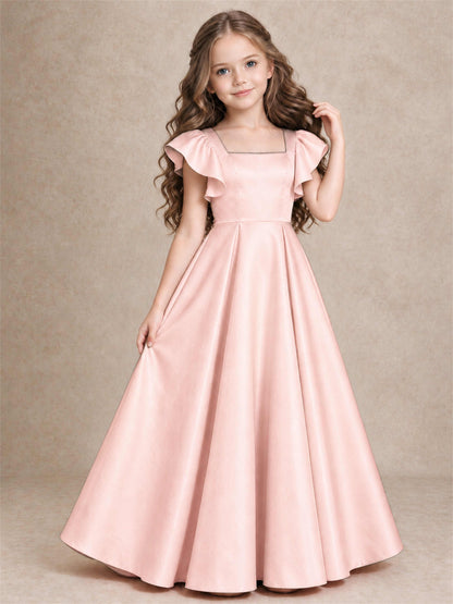 Satin Junior Bridesmaid Dress Ruffle Cap Sleeve Floor Length A Line Wedding Gown