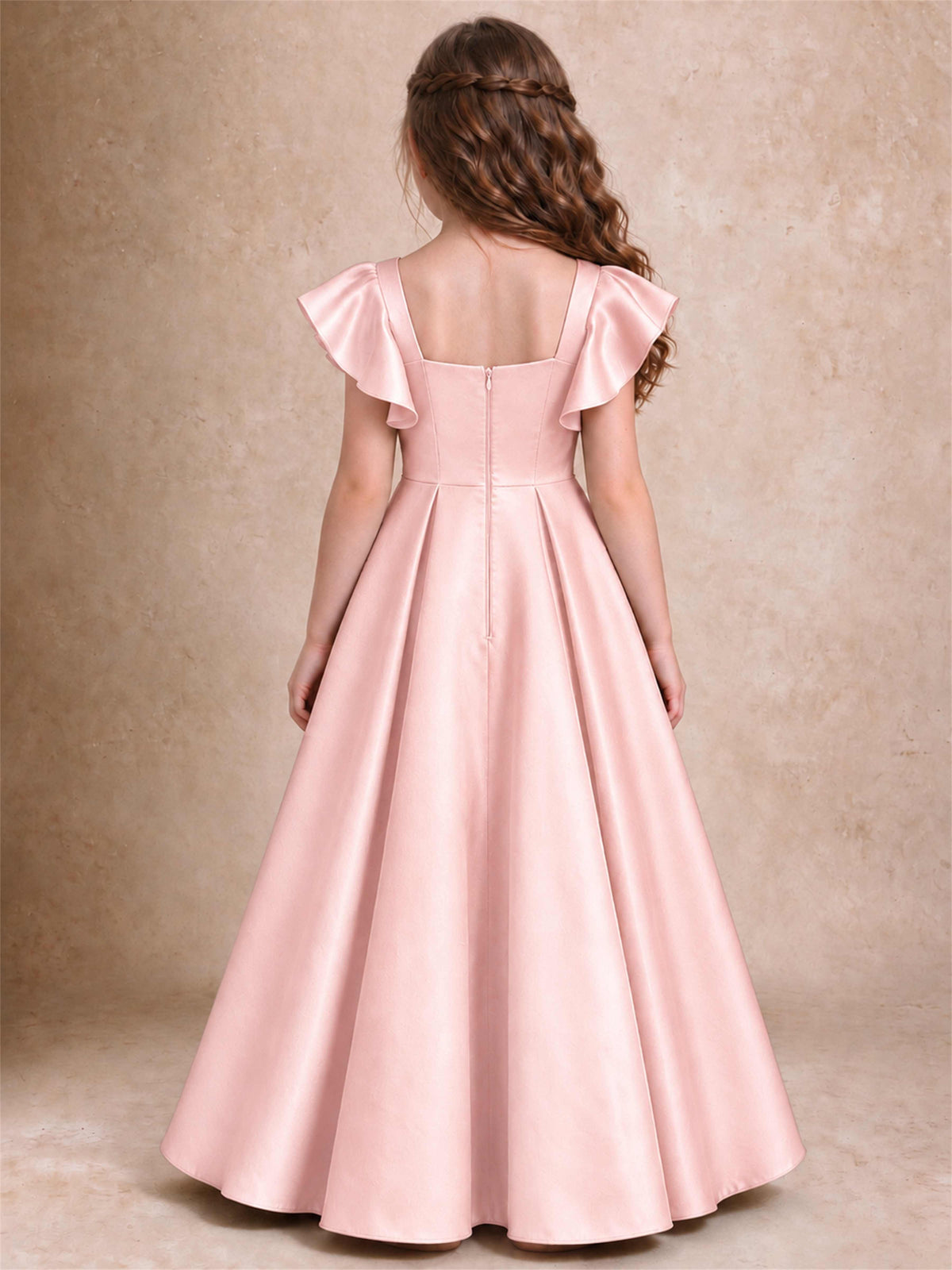 Satin Junior Bridesmaid Dress Ruffle Cap Sleeve Floor Length A Line Wedding Gown