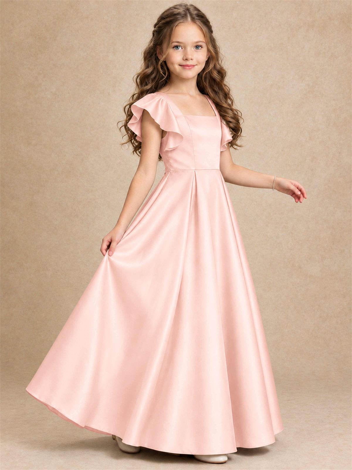 Satin Junior Bridesmaid Dress Ruffle Cap Sleeve Floor Length A Line Wedding Gown