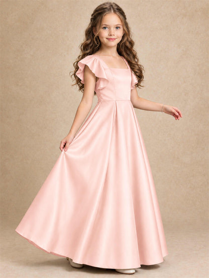 Satin Junior Bridesmaid Dress Ruffle Cap Sleeve Floor Length A Line Wedding Gown