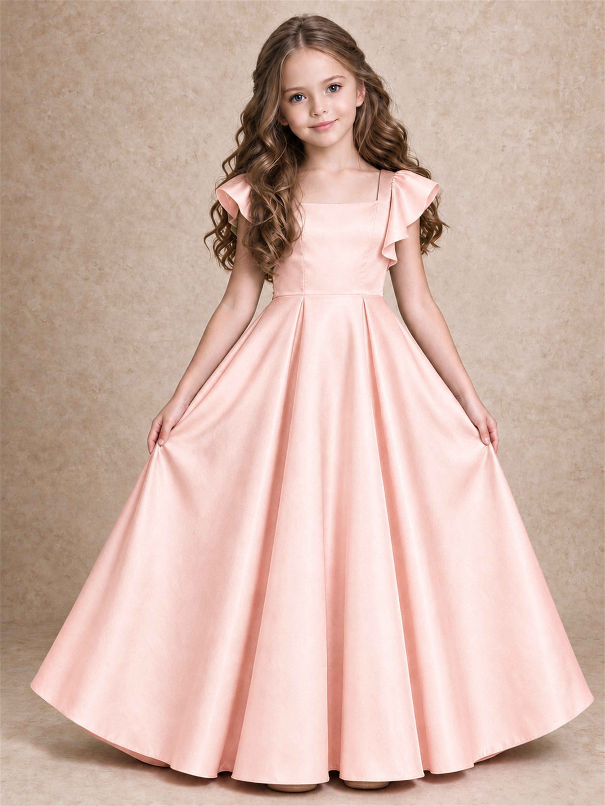 Satin Junior Bridesmaid Dress Ruffle Cap Sleeve Floor Length A Line Wedding Gown