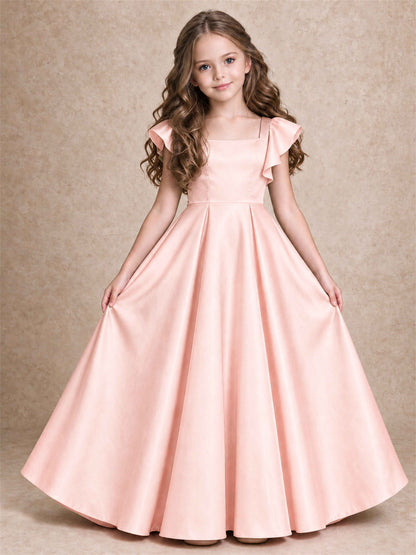 Satin Junior Bridesmaid Dress Ruffle Cap Sleeve Floor Length A Line Wedding Gown
