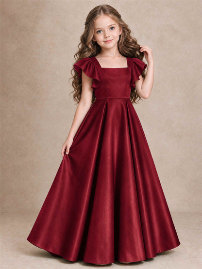 Satin Junior Bridesmaid Dress Ruffle Cap Sleeve Floor Length A Line Wedding Gown