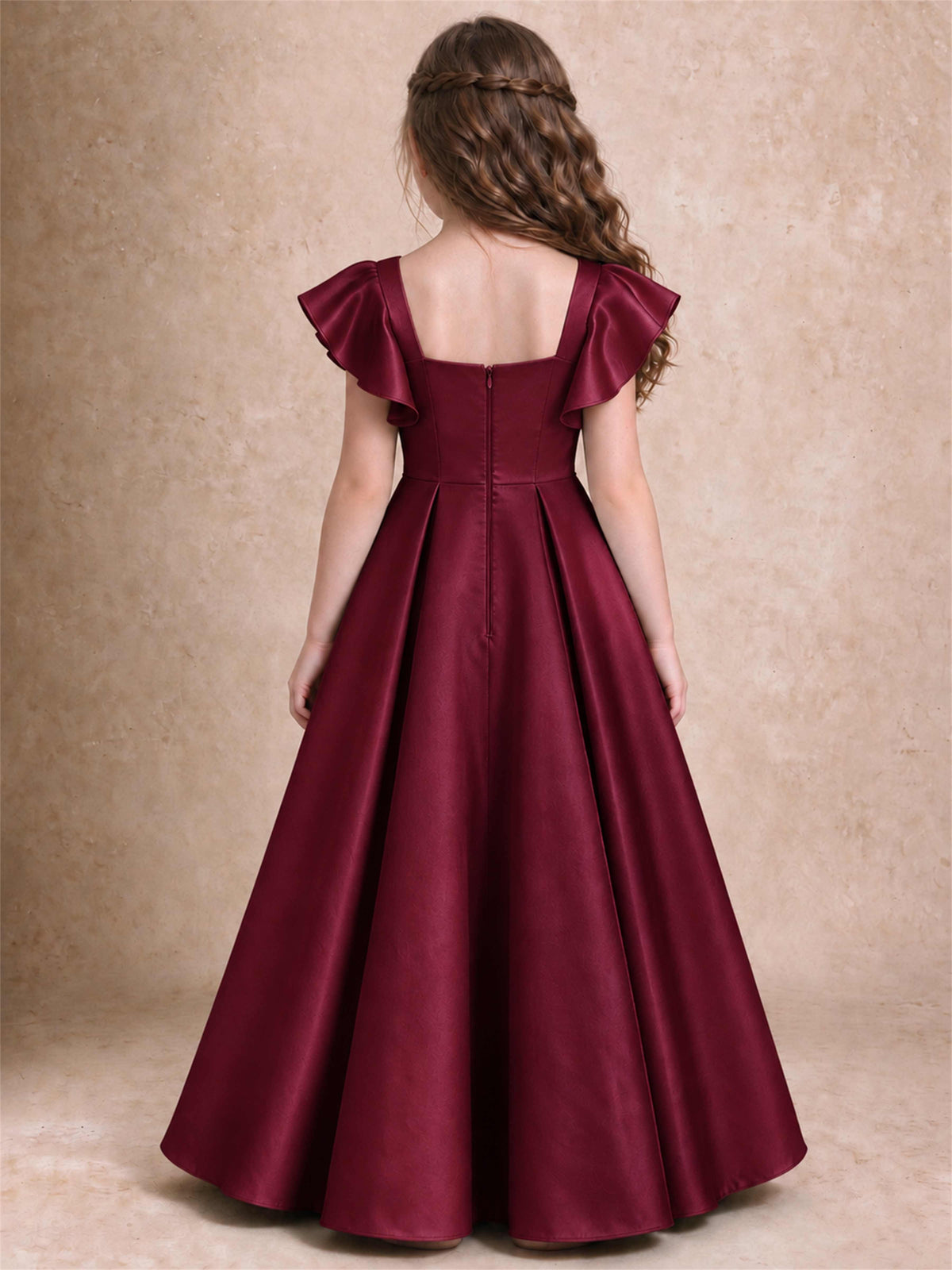 Satin Junior Bridesmaid Dress Ruffle Cap Sleeve Floor Length A Line Wedding Gown