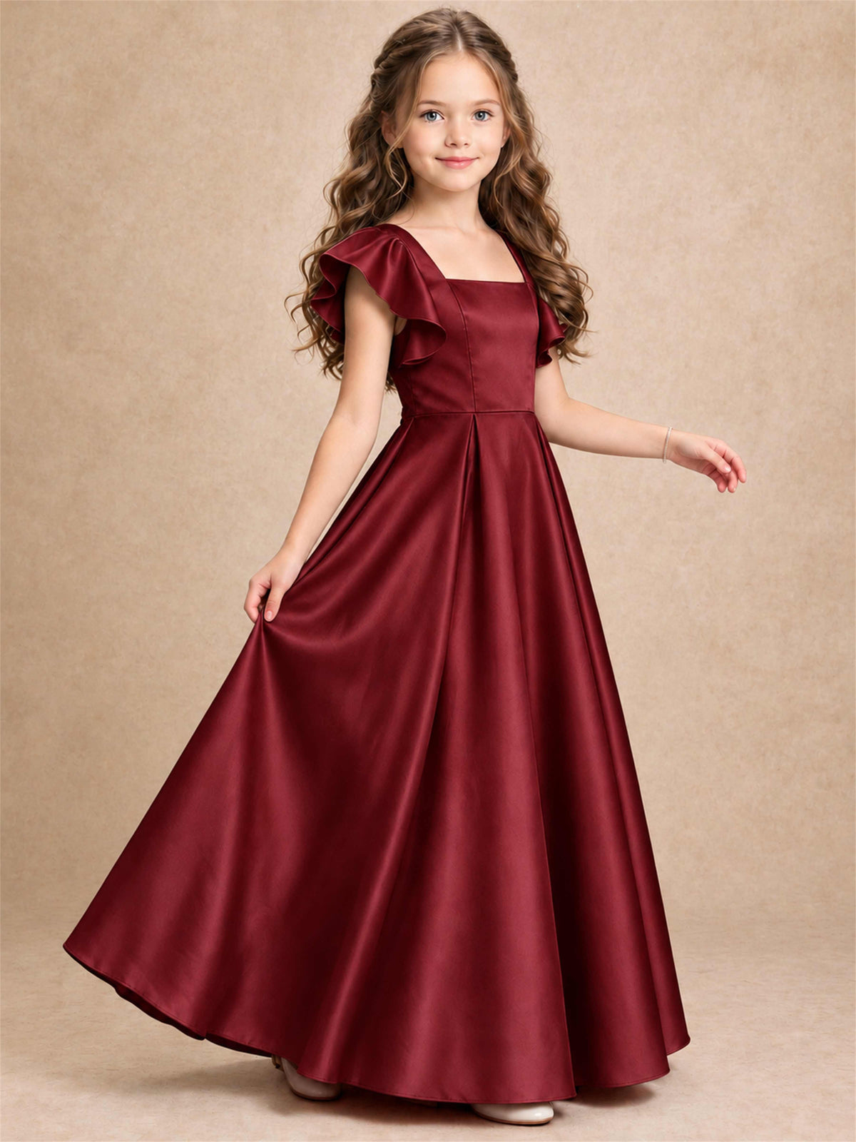 Satin Junior Bridesmaid Dress Ruffle Cap Sleeve Floor Length A Line Wedding Gown