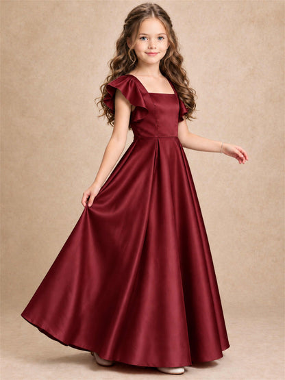 Satin Junior Bridesmaid Dress Ruffle Cap Sleeve Floor Length A Line Wedding Gown