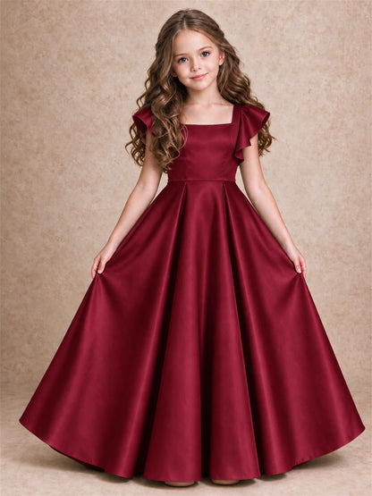 Satin Junior Bridesmaid Dress Ruffle Cap Sleeve Floor Length A Line Wedding Gown