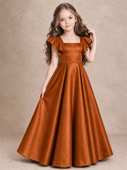 Satin Junior Bridesmaid Dress Ruffle Cap Sleeve Floor Length A Line Wedding Gown
