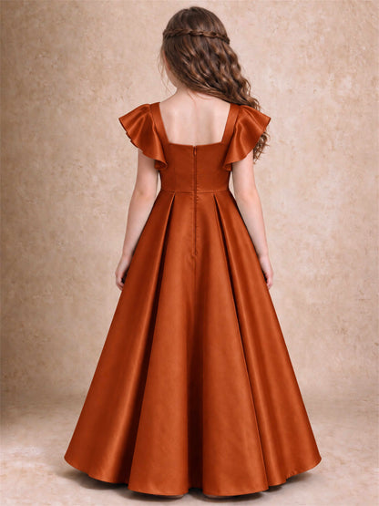 Satin Junior Bridesmaid Dress Ruffle Cap Sleeve Floor Length A Line Wedding Gown