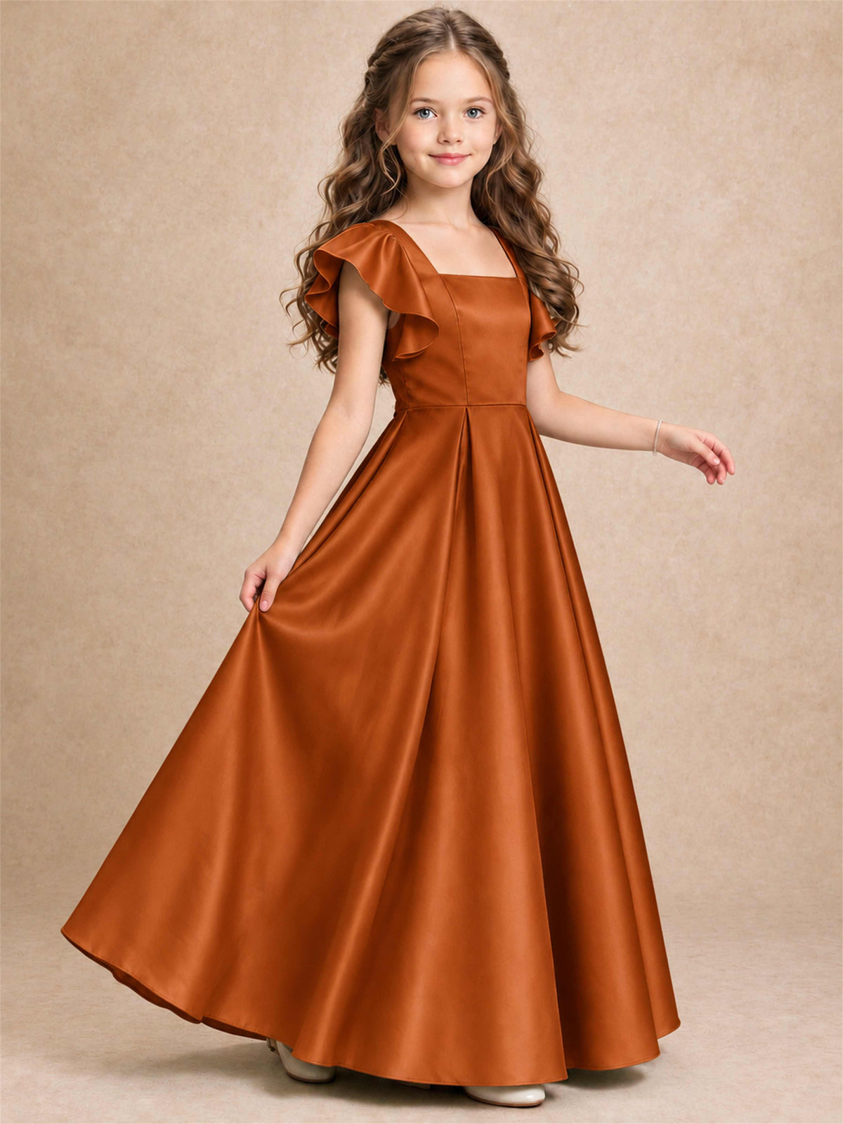 Satin Junior Bridesmaid Dress Ruffle Cap Sleeve Floor Length A Line Wedding Gown