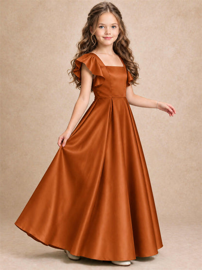 Satin Junior Bridesmaid Dress Ruffle Cap Sleeve Floor Length A Line Wedding Gown