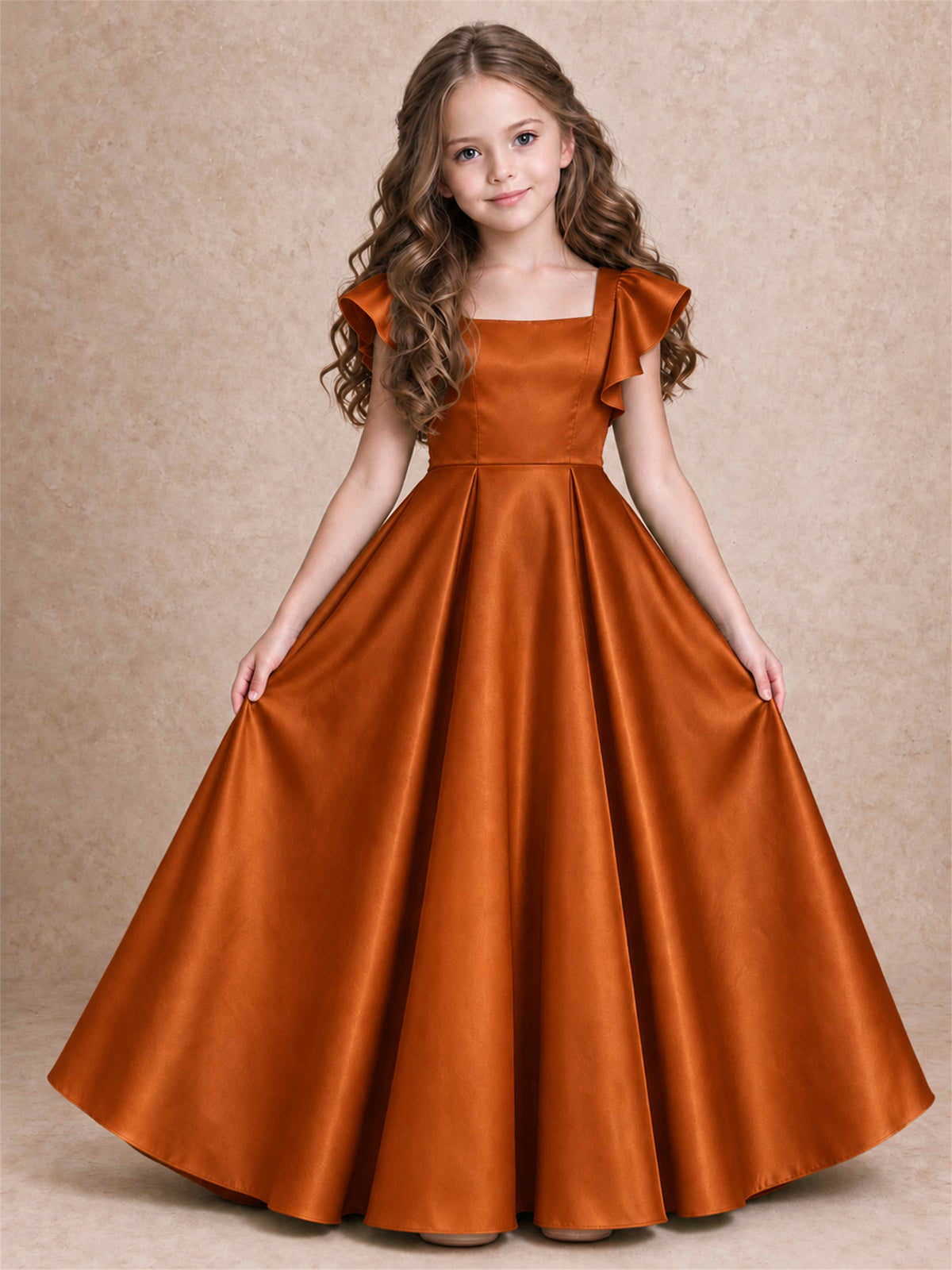 Satin Junior Bridesmaid Dress Ruffle Cap Sleeve Floor Length A Line Wedding Gown