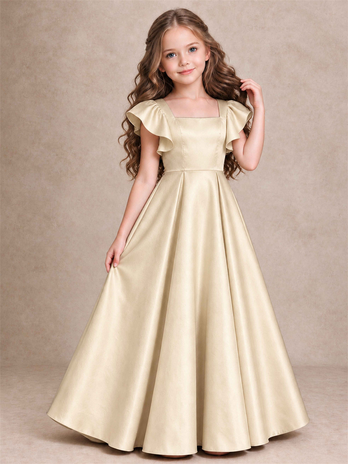 Satin Junior Bridesmaid Dress Ruffle Cap Sleeve Floor Length A Line Wedding Gown
