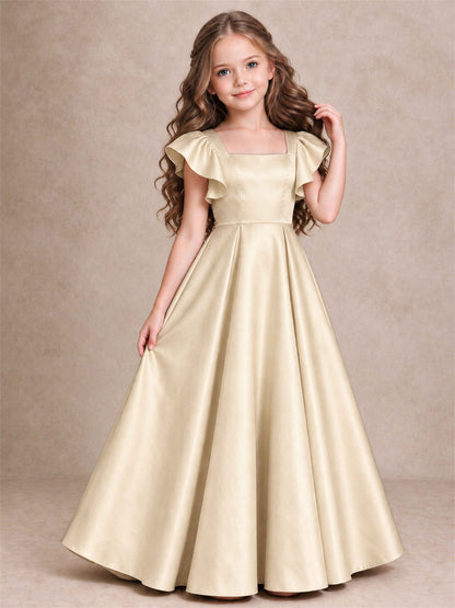 Satin Junior Bridesmaid Dress Ruffle Cap Sleeve Floor Length A Line Wedding Gown