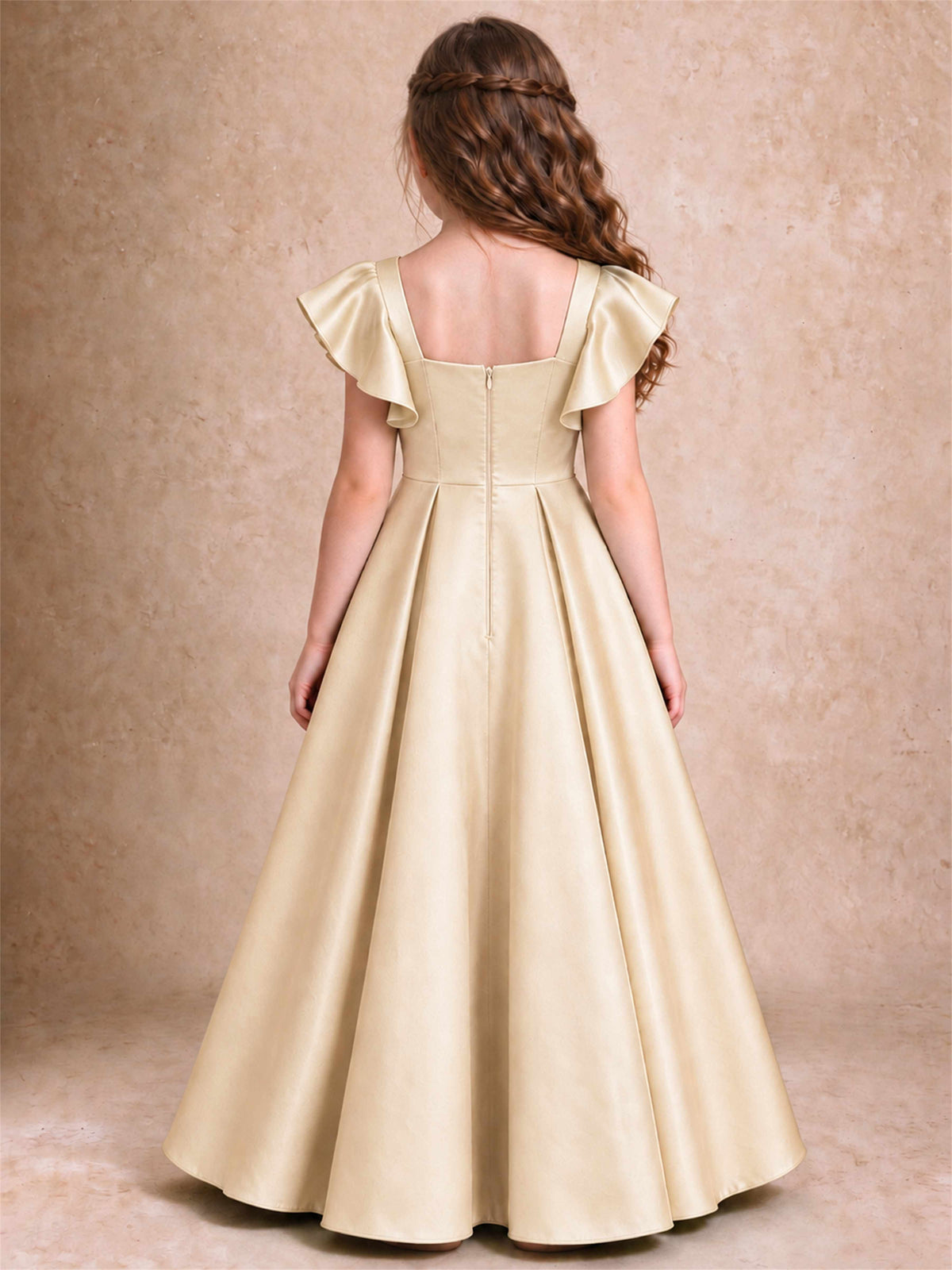 Satin Junior Bridesmaid Dress Ruffle Cap Sleeve Floor Length A Line Wedding Gown