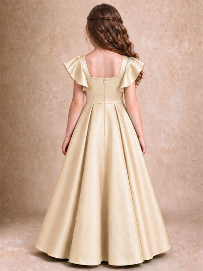 Satin Junior Bridesmaid Dress Ruffle Cap Sleeve Floor Length A Line Wedding Gown