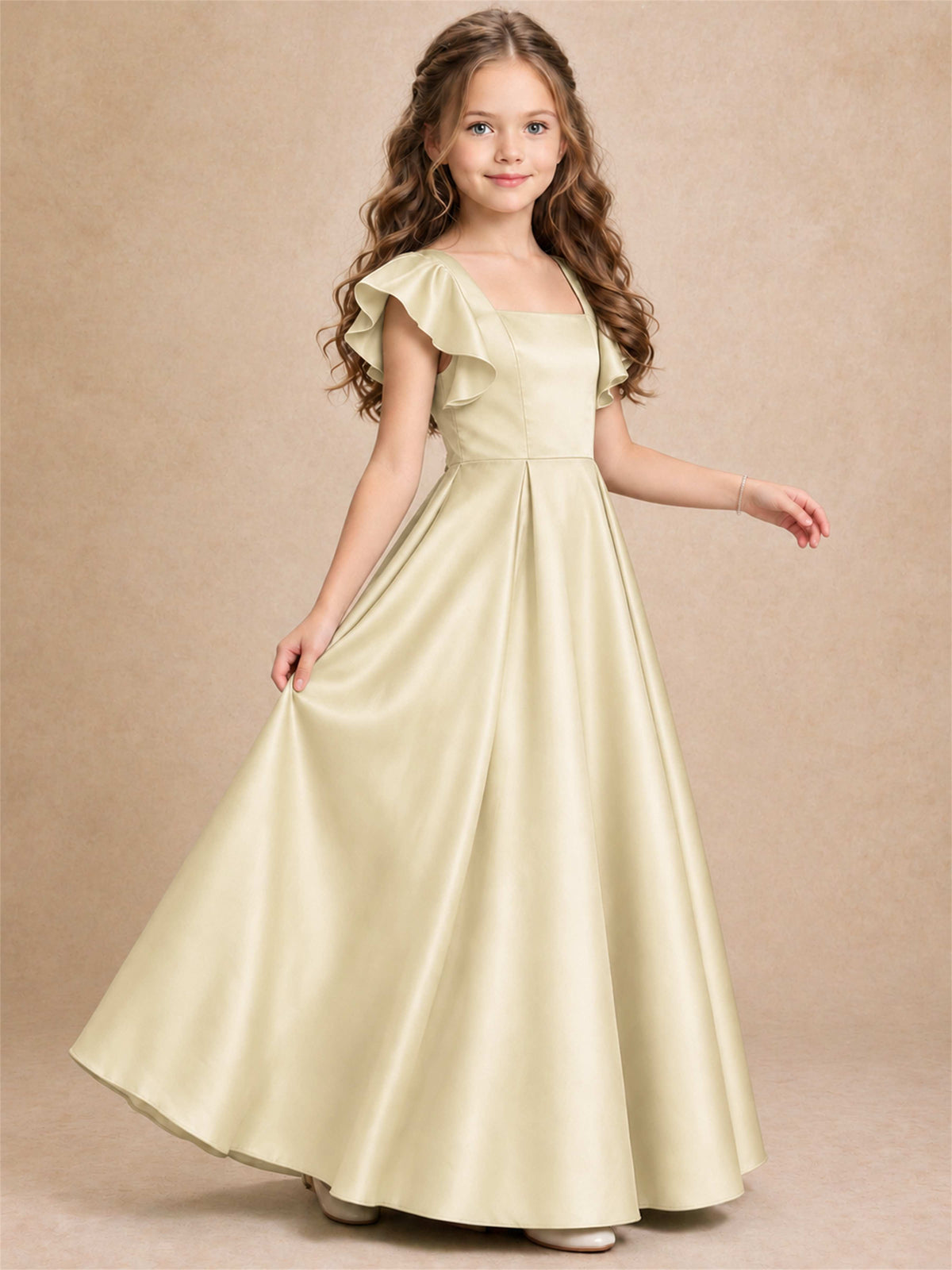 Satin Junior Bridesmaid Dress Ruffle Cap Sleeve Floor Length A Line Wedding Gown